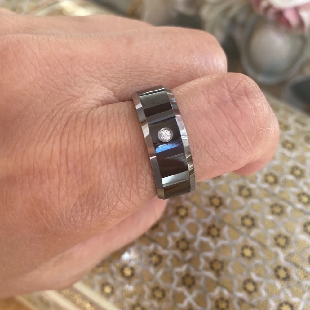 8mm Black Tungsten Diamond Wedding Ring